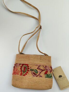 Montado Natural Cork Crossbody Bag  with Vibrant Floral Embroidery, NWT